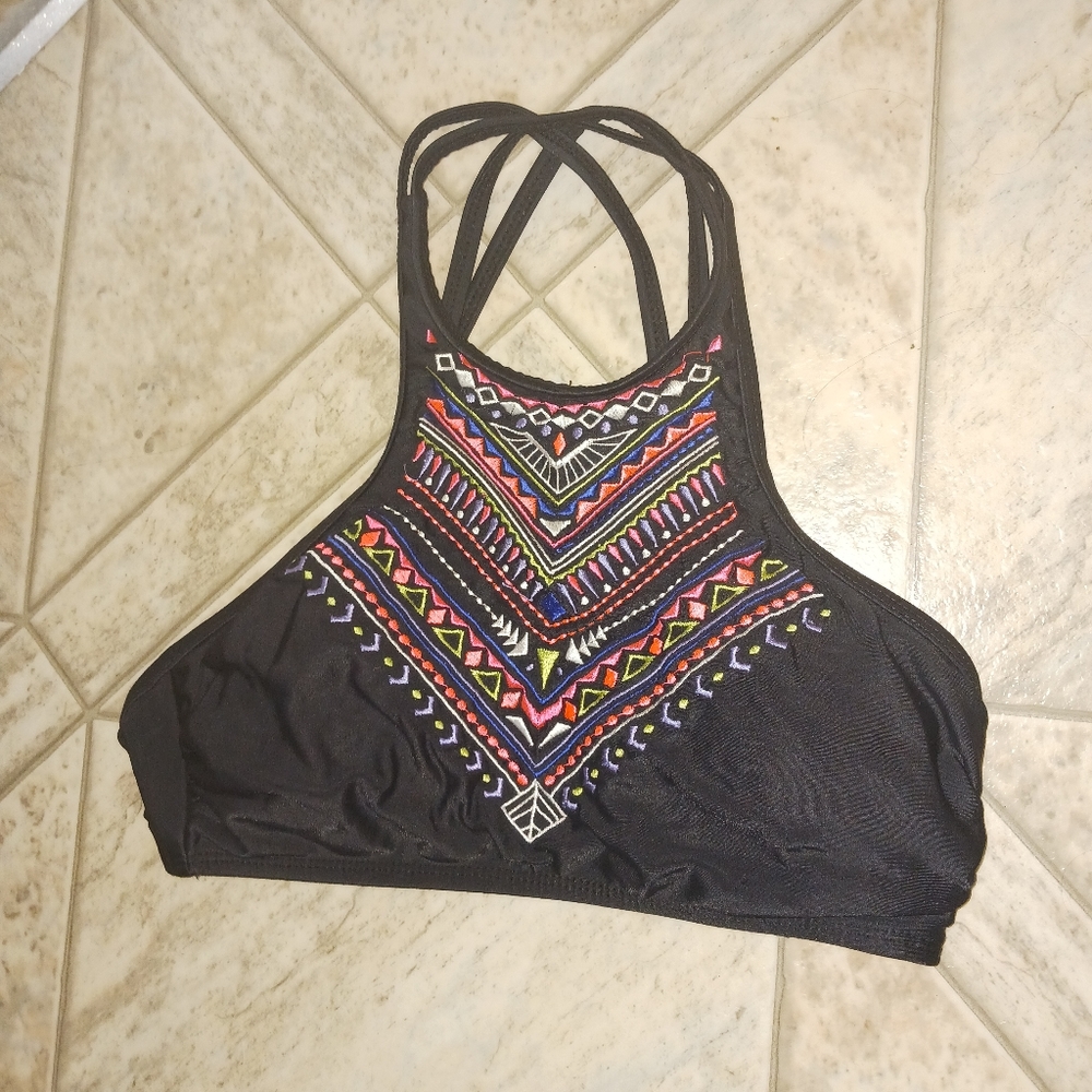 OP Halter Swimsuit Bikini Top Size Small Black Colorful Geometric Shapes Design